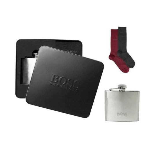 Merch-&-Carter-HUGO-BOSS-Men's-HIP-Flask-gift-set Buy at Merch & Carter, HUGO BOSS MENS HIP FLASK & 2 PAIRS SOCKS GIFT SET. The simple way to treat someone you love. Features a hip flask and 2 pairs of socks (1 red, 1 dark grey) Curated for fashion and practicality in view of the modern man.