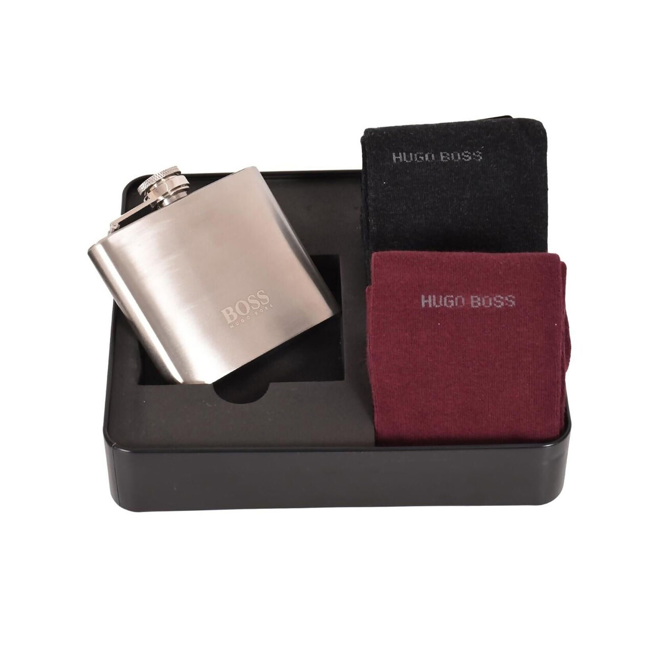 Buy at Merch & Carter, HUGO BOSS MENS HIP FLASK & 2 PAIRS SOCKS GIFT SET. The simple way to treat someone you love. Features a hip flask and 2 pairs of socks (1 red, 1 dark grey) Curated for fashion and practicality in view of the modern man.